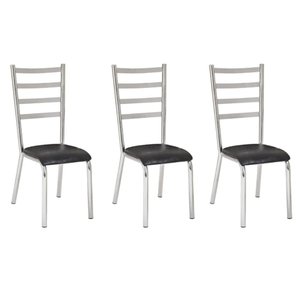 Kit 3 cadeiras Laura cromada para cozinha-assento preto