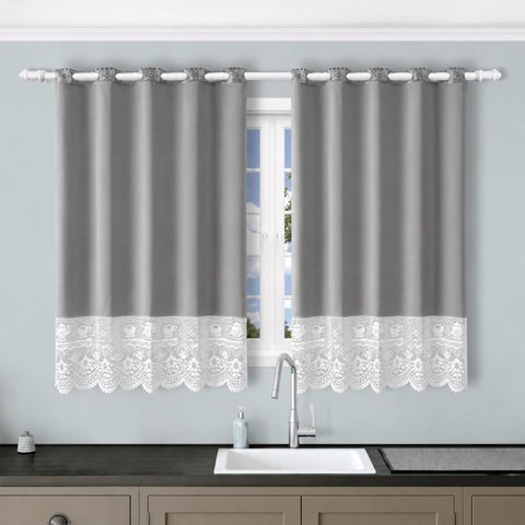 Cortina Valência 2,60x1,50 Tecido/Renda Cozinha - Cinza