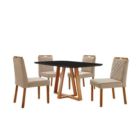 Conjunto Sala de Jantar Mesa Florença 140x80cm Preto com 4 Cadeiras Dallas Veludo Bege