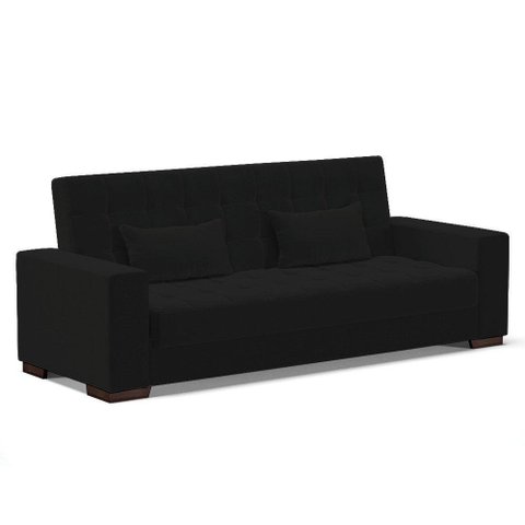 Sofá Cama 02 Lugares Linho Preto A79 Pés De Madeira