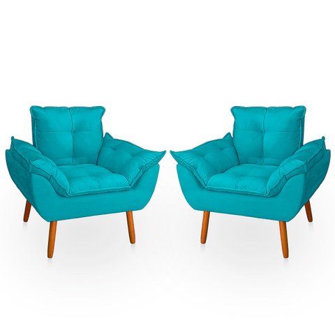 Kit 2 Poltrona Opala Azul Tiffany Suede Decorativa para Sala Escritório Biselos-decor