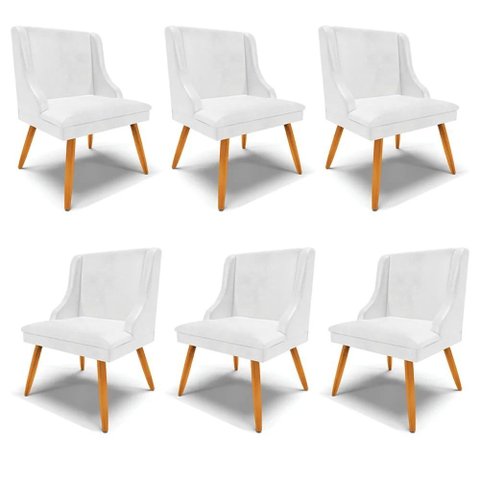 Kit 6 Cadeiras Decorativas Sala de Jantar Pés Palito de Madeira Firenze Pu Branco Brilho/natural