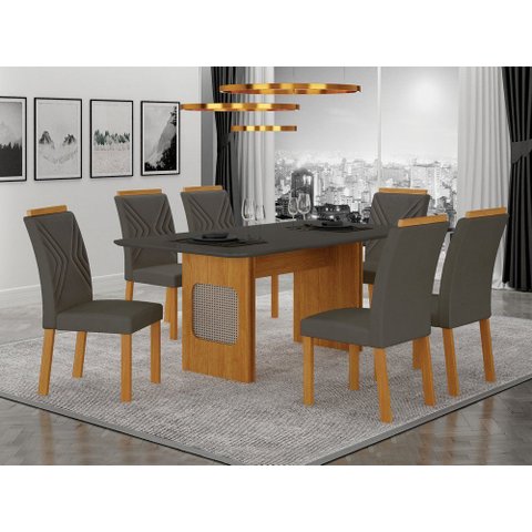 Conjunto Sala de Jantar Lara 1,60m com 6 Cadeiras Clara Plus Cinamomo/Chumbo/Joli Chumbo