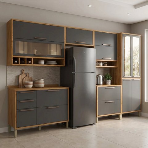 Cozinha Completa Modulada 100% MDF 6 Peças Amêndoa Chumbo Vicenza