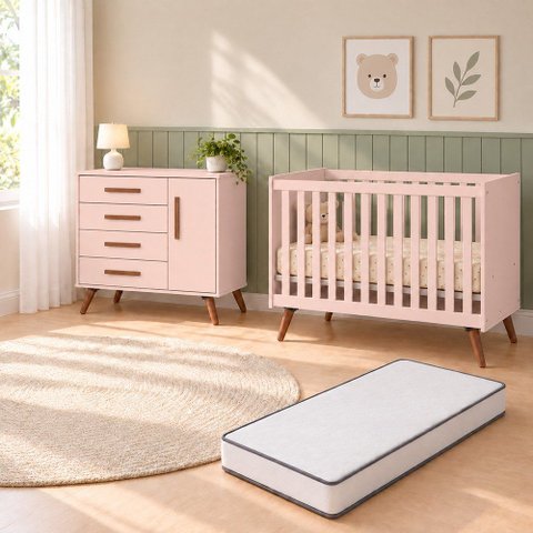Kit Quarto de Bebê Q Encanto Retrô com Berço Mini Cama Cômoda Sapateira e Colchão D18 130x70 Movellu