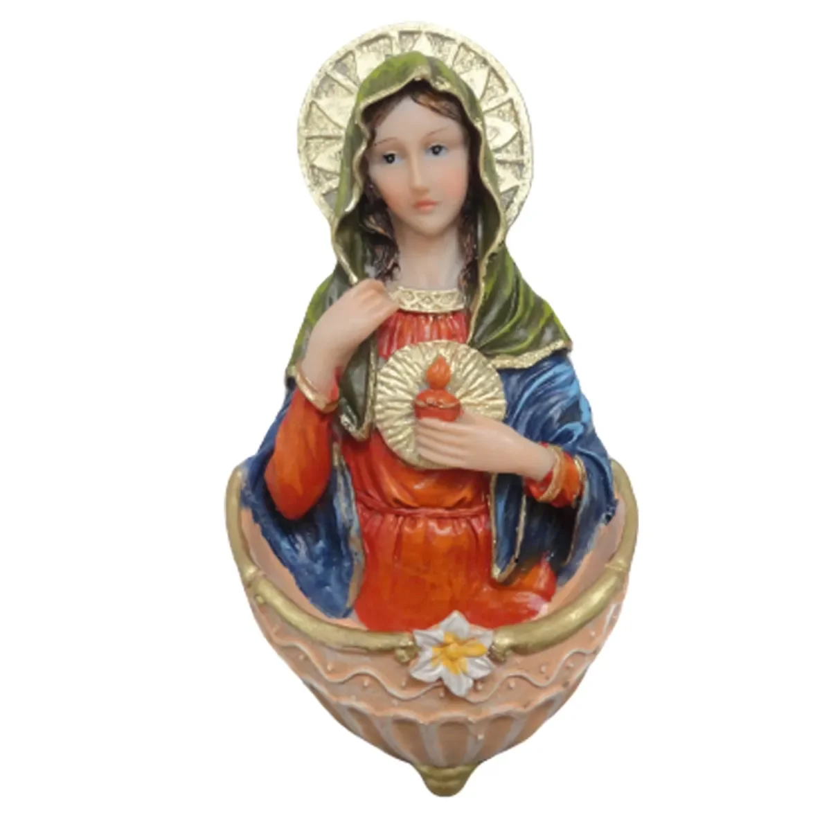 Pia de Água Benta Sagrado Coração de Maria de Resina para Parede Clara - 15 cm