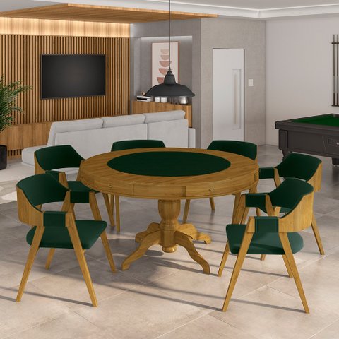 Conjunto Mesa de Jogos Carteado Bellagio Tampo Reversível e 6 Cadeiras Madeira Poker Base Estrela Ve