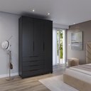 Ver imagem 1 de Guarda-roupa Solteiro 3 Portas 4 Gavetas 100% Mdf Allen 136 Cm - Preto Fosco