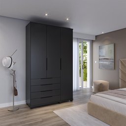 Guarda-roupa Solteiro 3 Portas 4 Gavetas 100% Mdf Allen 136 Cm - Preto Fosco - 1