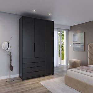 Guarda-roupa Solteiro 3 Portas 4 Gavetas 100% Mdf Allen 136 Cm - Preto Fosco