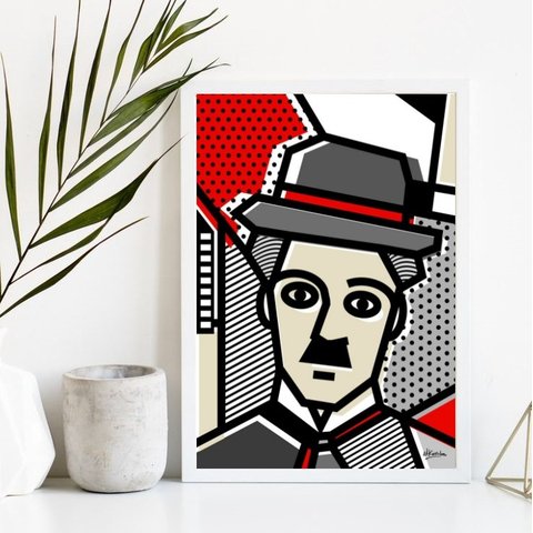 Quadro Decorativo Charlie Chaplin Pop Art 24x18cm - com vidro:Madeira branca