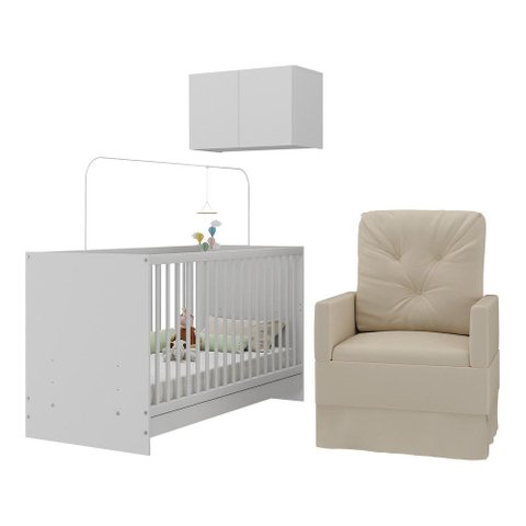 Berço 3 em 1 com Poltrona Amamentação e Armário Aéreo 2 Portas Multimóveis Mp4147 Branco/bege