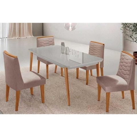 Conjunto Sala de Jantar Havana C/ Tampo Madeirado C/ Vidro Canto Curvo 120x80cm e 4 Cadeiras