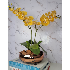 Arranjo Com 2 Orquídeas Amarela Vaso Cobre 22cm