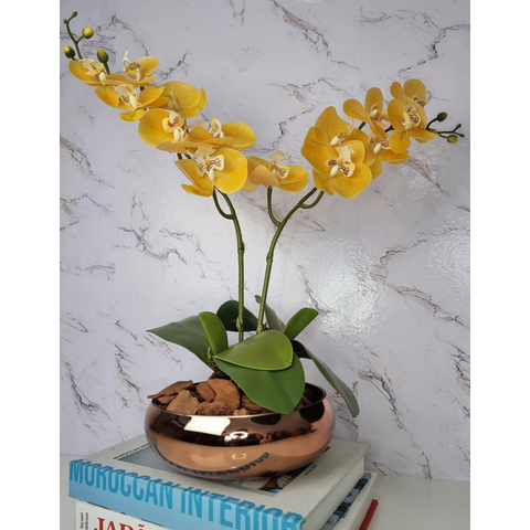 Arranjo Com 2 Orquídeas Amarela Vaso Cobre 22cm