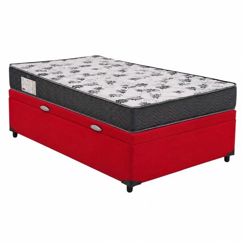 Cama Box Baú Solteiro Blindado Suede Vermelho + Colchão Solteiro de Espuma - Ortobom ISO 100