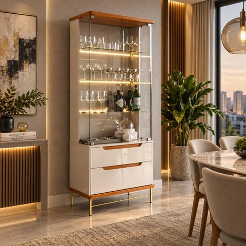 Cristaleira de Vidro com LED 100% MDF Adhalia Off White / Jequitibá Lukaliam