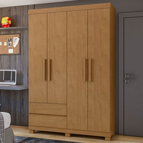 Guarda-roupa Solteiro Zeus 4 Portas 2 Gavetas 59602.58 Amêndoa Clean - Móveis Lopas