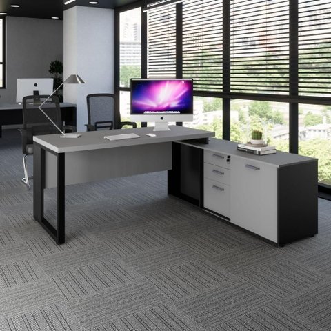 Mesa em L para Escritório Mesa Dinâmica Industrial 1,50m 3 Gavetas MDP 150cm Cinza Sagrado com