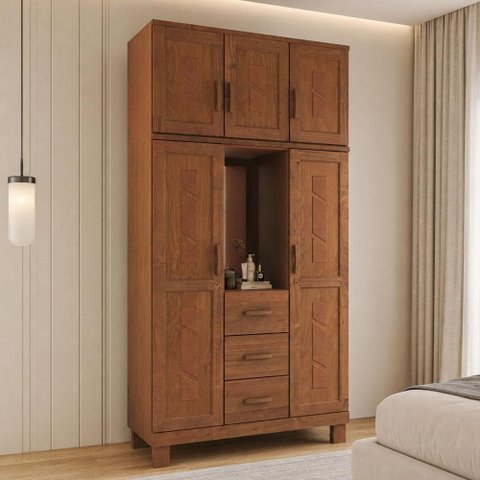 Guarda Roupa Solteiro com Espelho 5 Portas Aplique 3 Gavetas Madeira Maciça Lorie F06 Castanho -