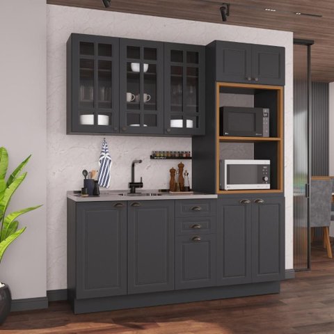 Armário de Cozinha Modulada Compacta Fidelitá Nara 100% MDF 3 Peças 190cm 10 Portas 2 Gavetas sem