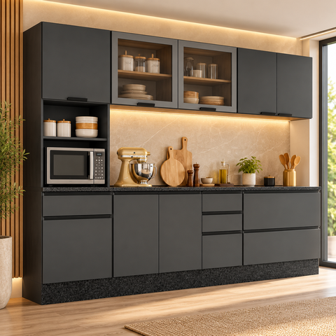 Cozinha Modulada Etna Completa 6 Peças 258cm Grafite com Paneleiro, Aéreo de Vidro e Gavetas