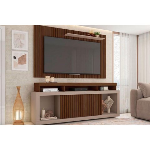 Rack Bancada C/ Painel P/ Tv até 60 Pol New Oscar Rodízios 180x174cm Fendi/havana - Caemmun