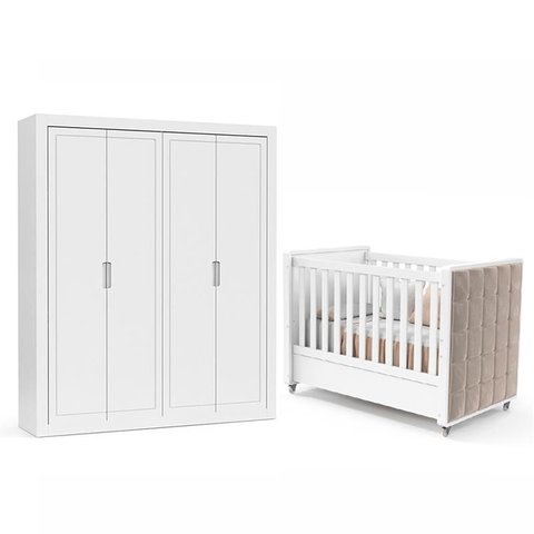 Jogo de Quarto Infantil com Guarda Roupa 4 Portas e Berço com Capitonê Tutto New Branco Soft - Matic