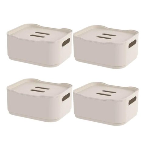 Conjunto 4 Cestos Pequenos Organizadores 1,75l com Tampa Coza Fit Plástico Light Bege Empilhável