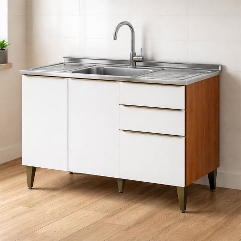 Balcão 120cm de Pia com 3 Portas e 2 Gavetas Luana Cinamomo Branco Aramóveis