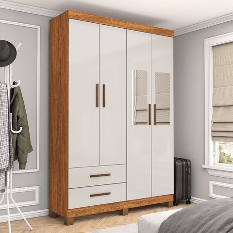 Guarda-Roupa 4 Portas 2 Gavetas com Espelho e Pés Genova Off White/Cinamomo