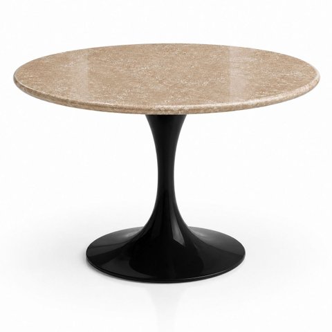 Mesa de Jantar Saarinen Redondo 140 cm Tampo Mármore Travertino Base Laca Preta