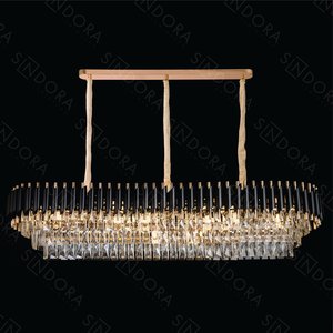 Pendente Retangular 140x35x29cm para 24 Lâmpadas E14 em Metal Preto e Cristal Transparente