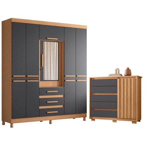 Guarda Roupa Casal New Fusion 10 Portas e Cômoda Sapateira Duetto Freijo Titanium - Móveis Albatroz
