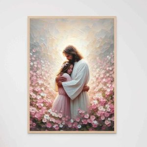Quadro Decorativo Jesus Cristo e a Mulher Flores Rosa Rezando Orando Quarto Infantil