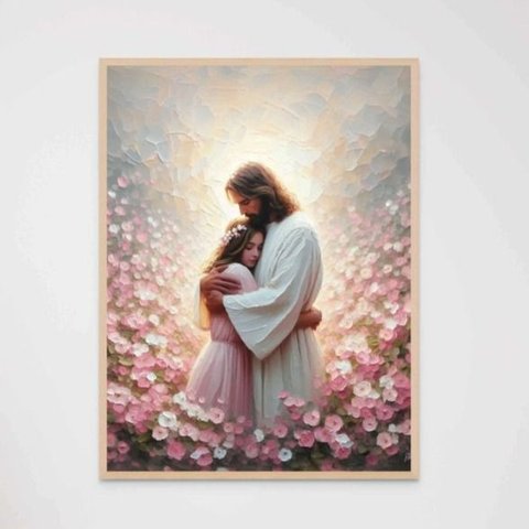 Quadro Decorativo Jesus Cristo e a Mulher Flores Rosa Rezando Orando Quarto Infantil