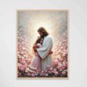 Ver imagem 1 de Quadro Decorativo Jesus Cristo e a Mulher Flores Rosa Rezando Orando Quarto Infantil