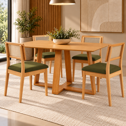 Conjunto Mesa de Jantar MDF 4 Cadeiras Estofadas e Tela Sintética Carvalho Rose/ Verde - Dalla Costa