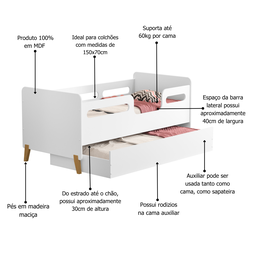 Cama Infantil Bicama Auxiliar Cecilia Grade Proteção Montessoriana para Quarto com 02 Colchões - 5