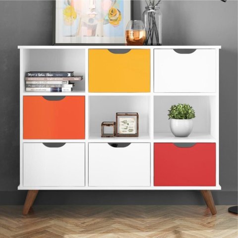 Aparador Organizador Zuri 9 Nichos Retrô Branco C/ Rodízios e Kits 3 Gavetas Coloridas e 3 Gavetas