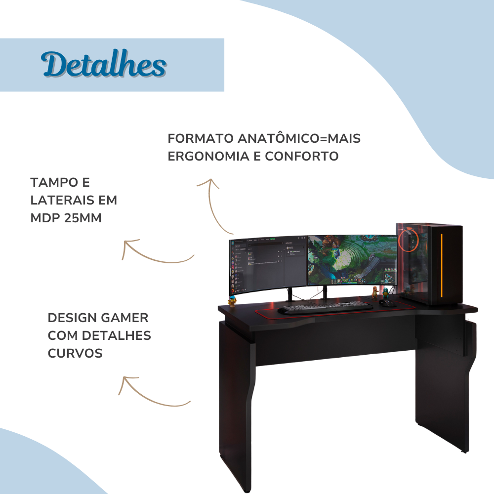 Mesa Gamer Moderna para 2 Monitores com Regulagem de Altura  - 16