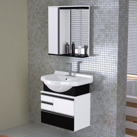 Conjunto de Banheiro Gabinete Suspenso 3 Gavetas com Espelheira Cuba de Louça com Válvula Branco/Tex
