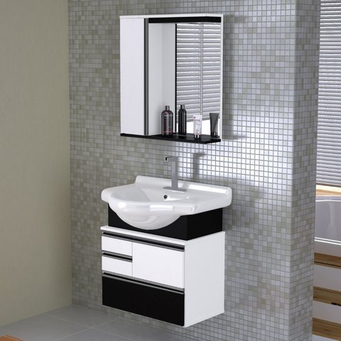 Conjunto de Banheiro Gabinete Suspenso 3 Gavetas com Espelheira Cuba de Louça com Válvula 