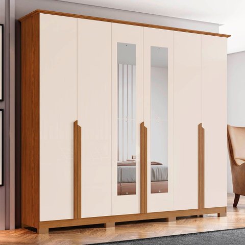 Guarda-roupa 235cm Casal com Espelho 6 Portas 6 Gavetas Andréas Henn - Nature/off White