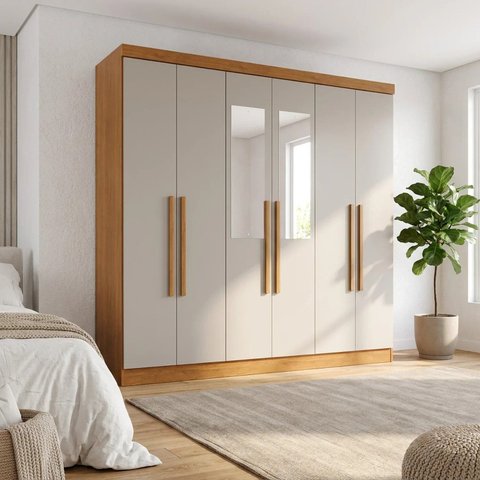 Guarda-Roupa Casal MDP com Espelho 6 Portas 2 Gavetas Off White Cinamomo França