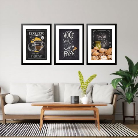 Kit 3 Quadros Grandes Cozinha Café 60x48cm:moldura Branca