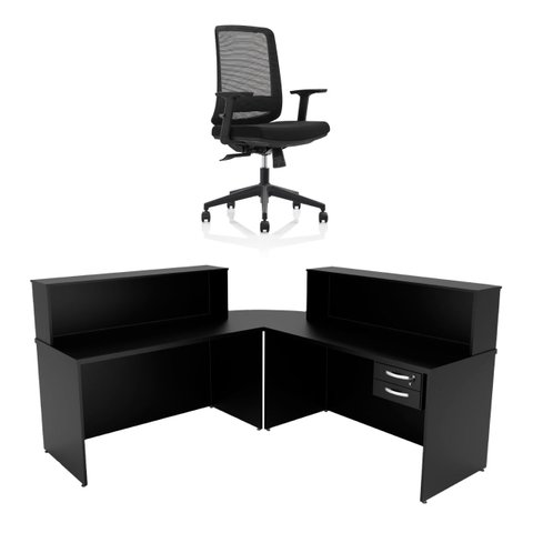 Balcão de Atendimento em L com Gaveta 140x60cm para Recepção + Cadeira de Escritório Reclinável