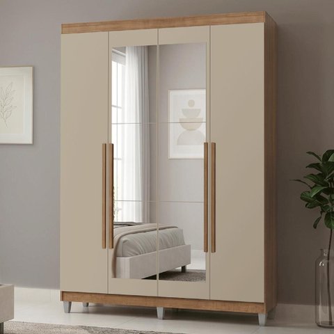 Guarda-Roupa Solteiro com Pés 4 Portas Batentes com Espelho Rustic/Crema/Rustic Netuno Madesa