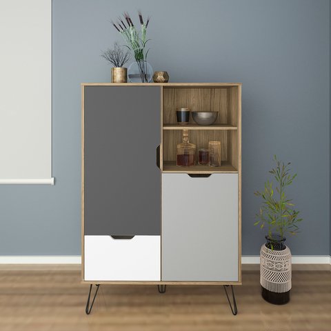 Bar com 2 Portas e 1 Gaveta, Pés de Metal, 6 Nichos para Garrafas, Buffet Adega Estocolmo Bege/Carva