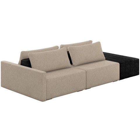 Sofá Ilha Modular para Sala 252cm com Puff Dublin K01 Linho Bege e Sintético Preto - Lyam Decor
